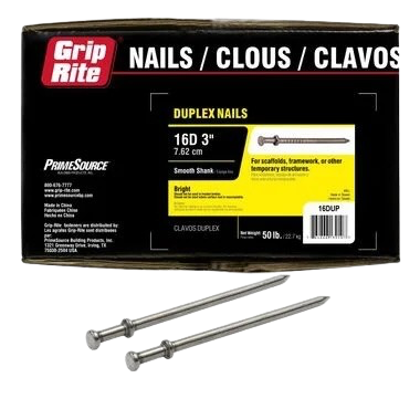 Grip-Rite duplex nails box with two long silver nails on a white background