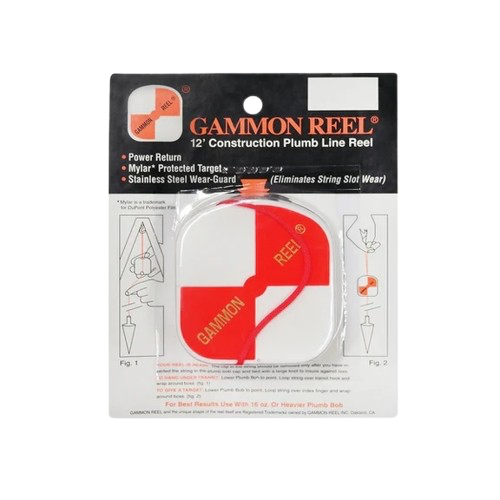 GAMMON REEL 2-inch construction plumb line reel packaging, white and red with black header card