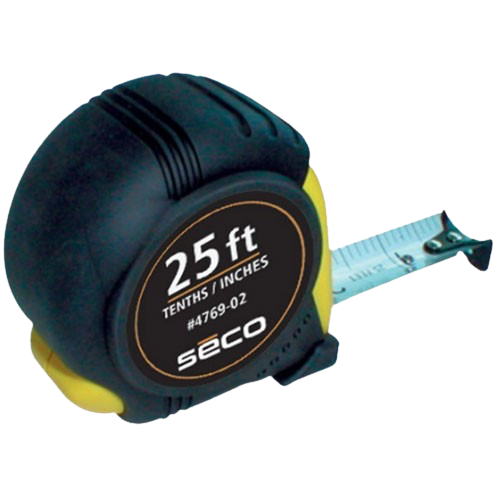 Black SECO 25 ft tape measure with blue blade extended on white background