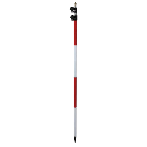 Red-and-white surveyor’s leveling staff with black tip, isolated on a white background