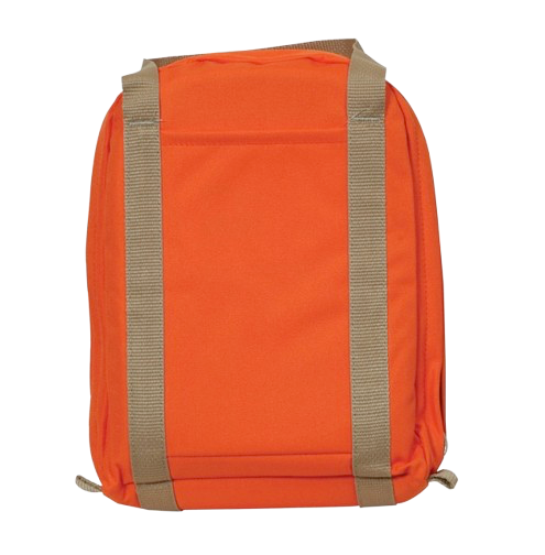 Orange backpack with tan straps on a white background