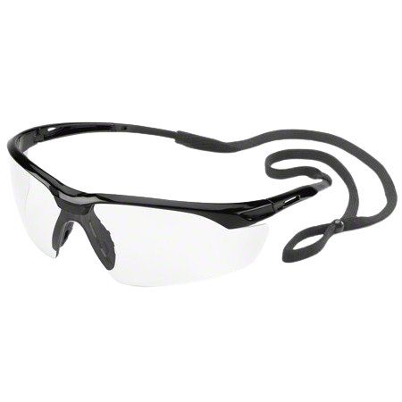 Black wraparound sport sunglasses with clear lenses and a retainer strap