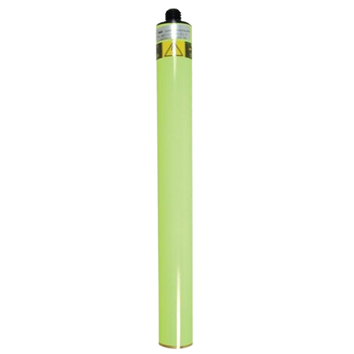 Tall lime-green cylindrical battery with a black cap on a white background