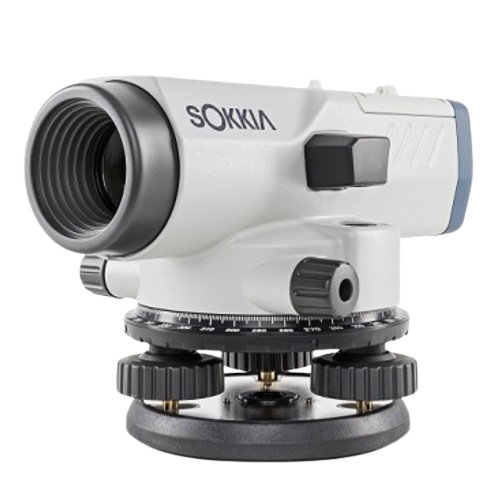White Sokkia surveying level instrument on a leveling base with adjustment knobs