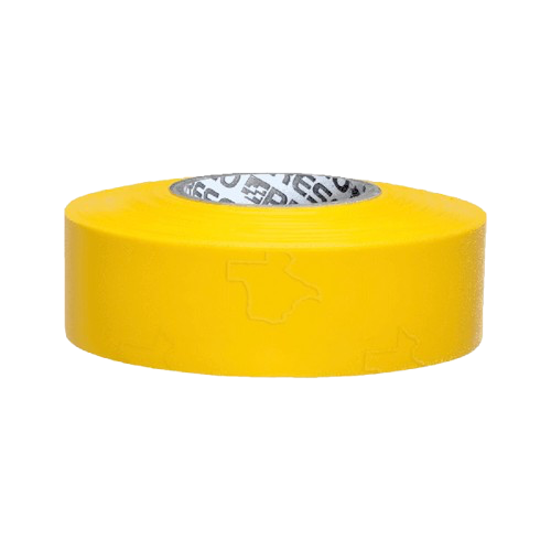 Yellow roll of tape with a white patterned inner core on a plain background