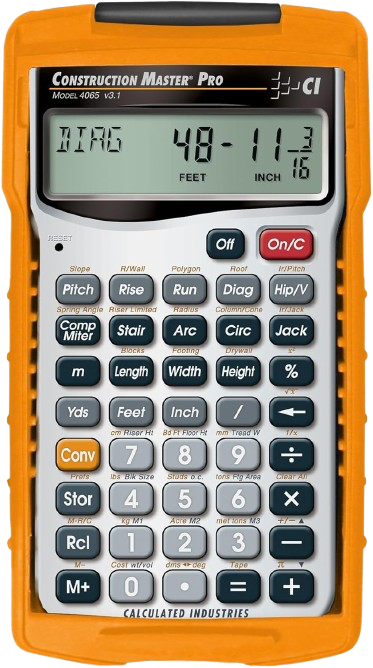 Orange scientific calculator with a digital display showing a math calculation and keys visible
