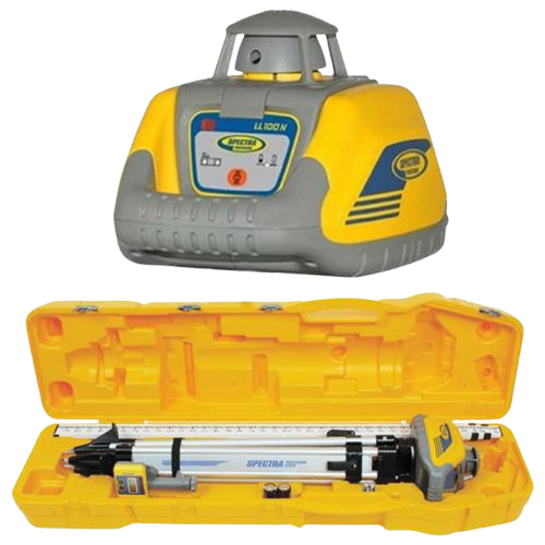 Yellow and gray laser level with open carrying case and tripod in a molded hard case.