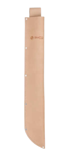 Beige leather sheath with a top tab and rounded bottom edge, shown on a white background