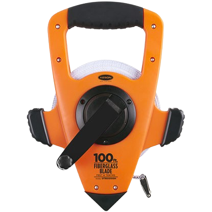 Orange and black retractable tape measure with handle and visible 100 ft fiberglass blade