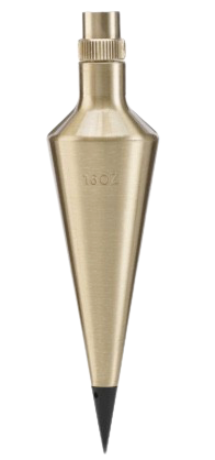 Brass plumb bob with pointed black tip, isolated on white background