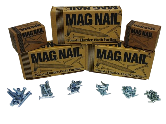 MAG NAIL boxes with assorted metal nails laid out in front