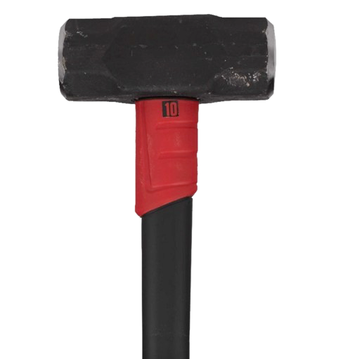 Red-and-black sledgehammer with a black head and red handle on a white background