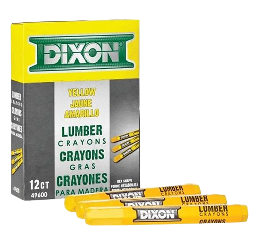 Dixon yellow lumber crayons box with three yellow crayons on white background