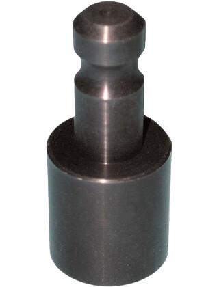 Dark metal machined cylindrical pin with a stepped top on a white background