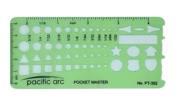 Green plastic pocket geometry ruler/template with cutout shapes and measurement markings.