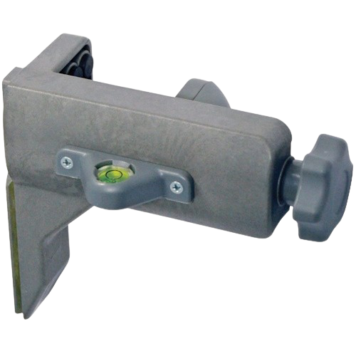 Gray metal clamp with bubble level and adjustment knob on a white background