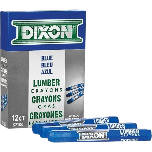 Box of Dixon blue lumber crayons with blue crayons laid in front