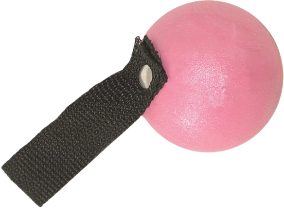 Pink round foam ball with a black fabric strap attached by a white ring