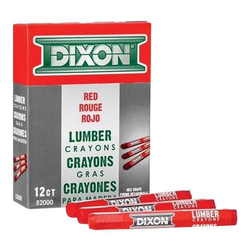 Box of Dixon red lumber crayons with several crayons in front on a white background