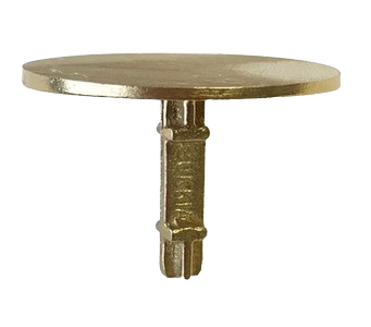 Round brass furniture screw with a wide flat top and threaded shaft on a white background