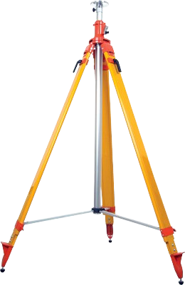 Surveying tripod with orange and yellow legs and a central instrument mount on a white background