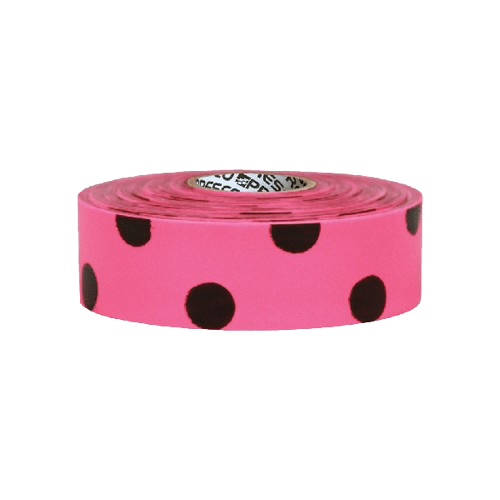 Pink ribbon with black polka dots rolled into a spool