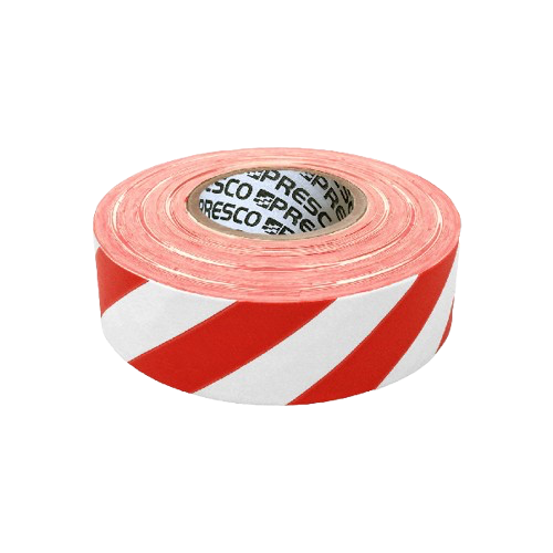 Red and white striped barrier tape roll on a white background