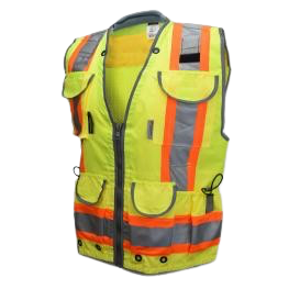 High-visibility yellow safety vest with orange reflective stripes and multiple pockets