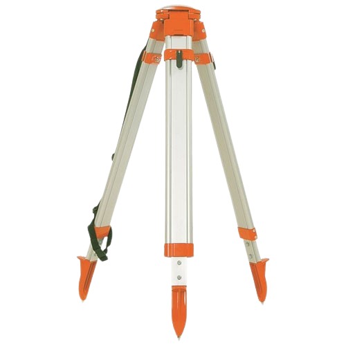 Orange and silver surveyor’s tripod stand with pointed feet, isolated on white background