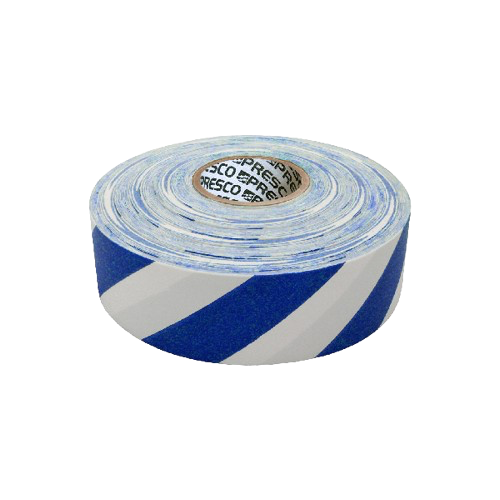Blue-and-white striped roll of reflective tape with a white core on a plain background