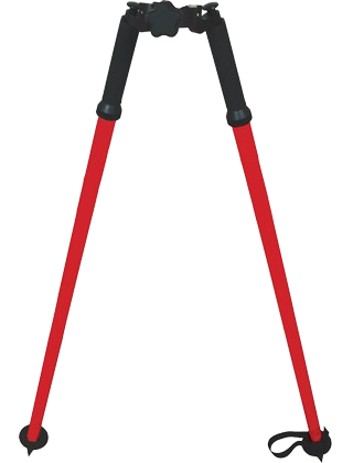 Red-and-black folding bipod stand on a white background
