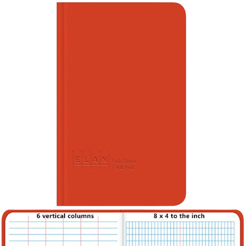 Orange-red notebook with rounded corners, shown above a small size comparison ruler.