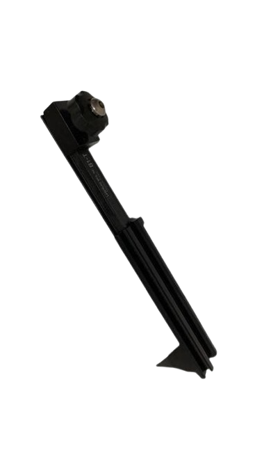 Black metal support bracket with a clamp on one end, shown on a white background