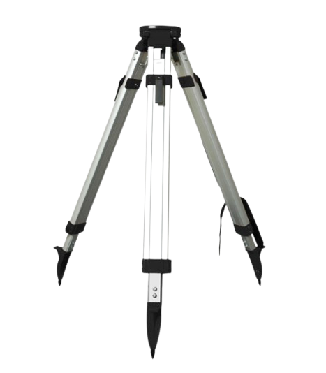Silver tripod with black accents and extended legs, isolated on a white background