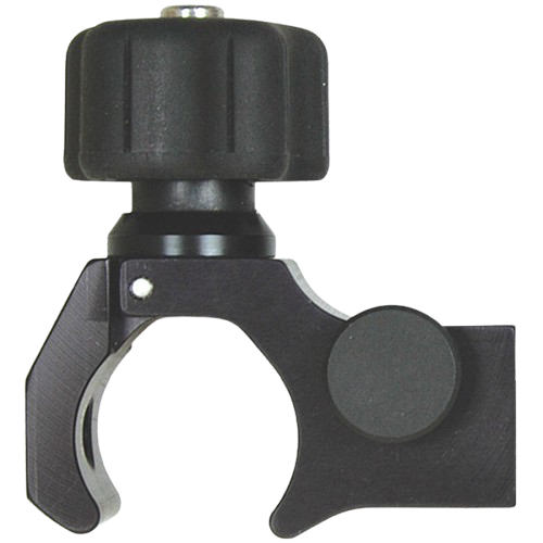 Black clamp-mounted device with a large knob and circular side housing on a white background