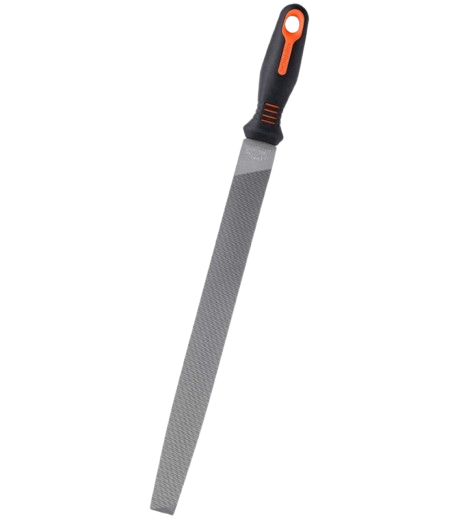Hand file with black and orange handle on a white background
