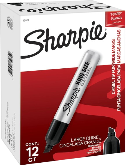 Sharpie large chisel tip marker box, black and red packaging, 12-count