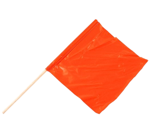 Bright orange flag on a wooden stick, isolated on a white background