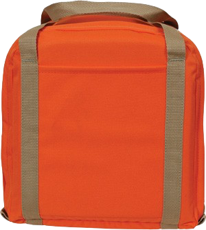 Orange and tan insulated lunch bag with handles and side straps