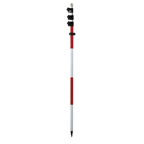 Red-and-white surveyor's measuring pole with black top and pointed tip on white background