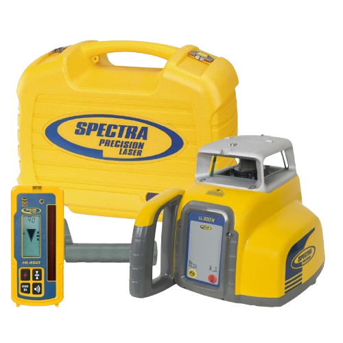 Yellow Spectra Precision laser level kit with tripod, control unit, and carrying case on white background