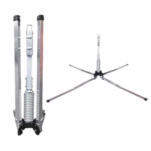 Silver multi-leg tripod mount with central post, shown front and side views on white background