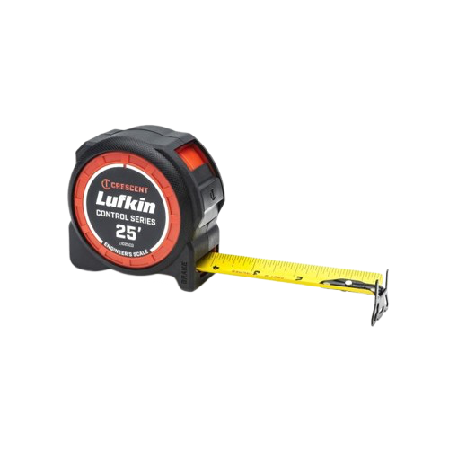 Black and red Lufkin 25' tape measure with yellow blade extended