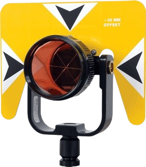 Black and orange optical sight mounted on a yellow backing with directional arrows and “30 mm offset” text