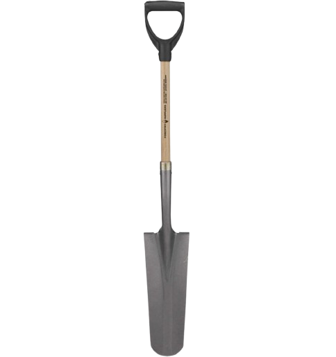 Gray shovel with a wooden handle and black D-grip on a white background