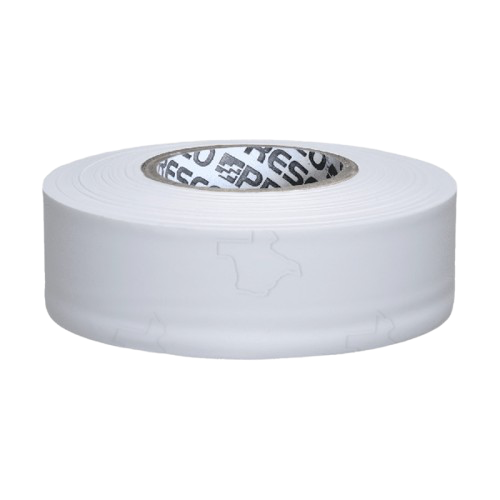 White roll of adhesive tape with a printed core on a plain background