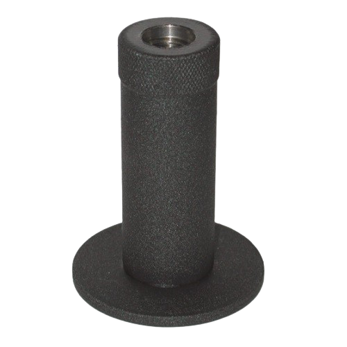 Black cylindrical metal stand with a flared base and threaded top opening