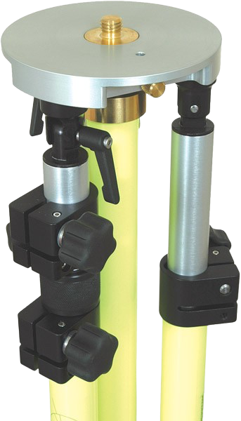 Yellow tripod survey instrument with mounted telescope on a white background