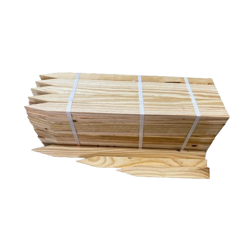 Stack of light-colored wooden slats bundled with white straps on a white background