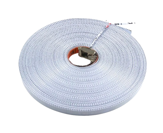 Coiled white rope or cable on a spool, viewed from above.